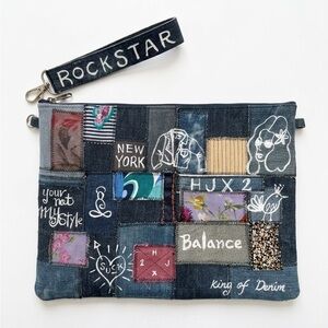 One of a Kind Rockstar Patchwork Denim Wristlet - Blue Denim XL 28x39cm